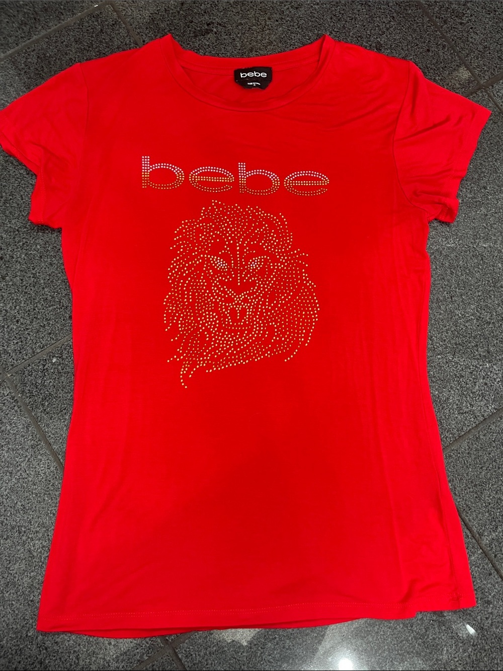 bebe Red Rhinestone Lion Logo Tee